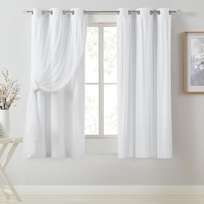 Bujasso White Full Blackout Curtain Panels with Sheer Overlay Mix and Match Double Layer Thermal Insulated Window Treatment Set for Living Room White Drapes with Tiebacks Grommet Top 37" Wx63 Lx2