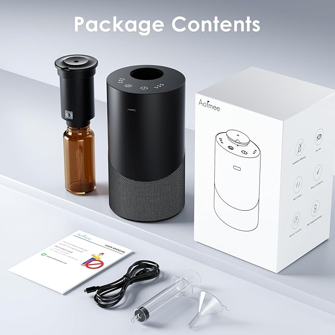 Waterless Essential Oil Diffuser for Home (Aluminum Alloy & Fabric) - Cordless Car Scent Diffuser with 3 Timer & 3 Mist Levels - 2000mAh Battery Operated Scent Air Machine for Room Office Hotel, Black