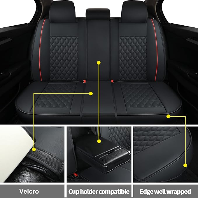 Car Seat Covers Full Set,Universal Fit for Most Cars,SUV,Sedans and Pick-up Trucks,Automotive Vehicle Faux Leather Cushion Covers for 5 Passenger Cars(Full Set,Black/Red)
