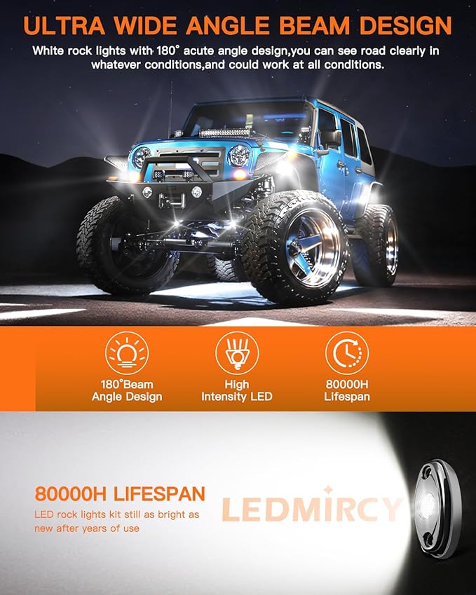 White Rock Lights,LEDMIRCY R1 LED Rock Lights Kit with Toggle Switch Wiring Harness 12PCS Luces para Carro for Trucks ATV UTV Golf Cart Under Glow Light High Power IP68 Waterproof