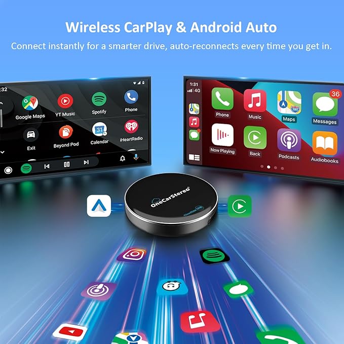 OneCarStereo Cloud Magic AI Box Android 13 CarPlay Adapter with Qualcomm 8 Core, Wireless CarPlay & Android Auto, Built-in Cloud SIM 4G LTE, YouTube & Netflix Streaming for Factory Wired CarPlay Cars