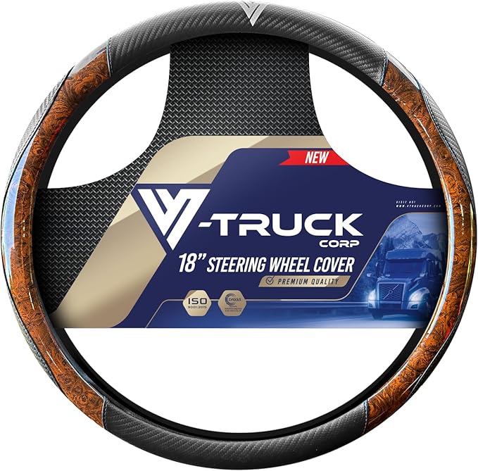 18-Inch Genuine Leather Steering Wheel Cover for Semi Trucks – Wood Grain & Carbon Fiber Design, Anti-Slip Grip, Cold-Resistant, Universal Fit for Heavy-Duty 18″ Wheels