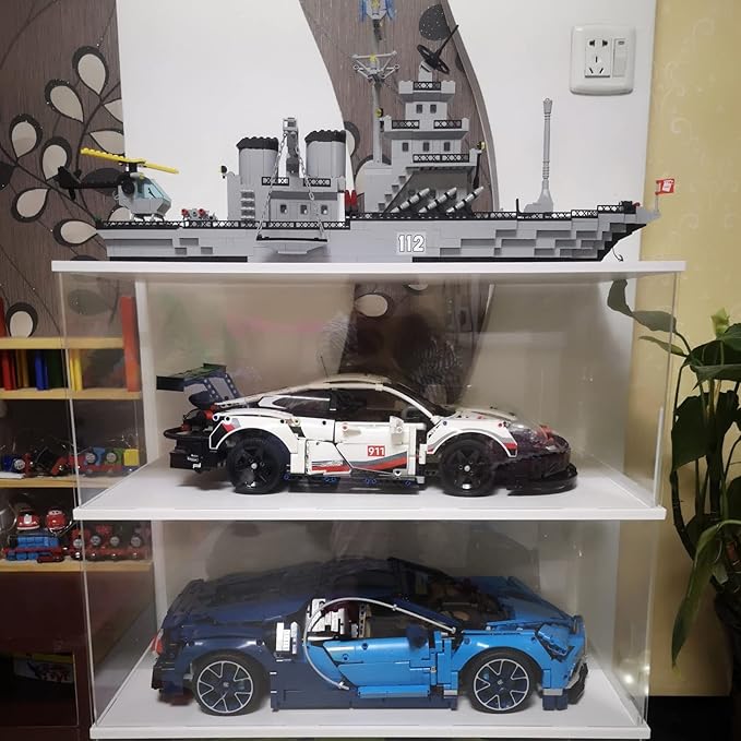 Choowin 2 Layer Acrylic Display Case for Lego Cars (McLaren P1, Ferrari SP3, Bugatti Chiron, Porsche 911, Lamborghini) & 1/8 Diecast Cars - Dustproof Assemble Display Case with Door (White)