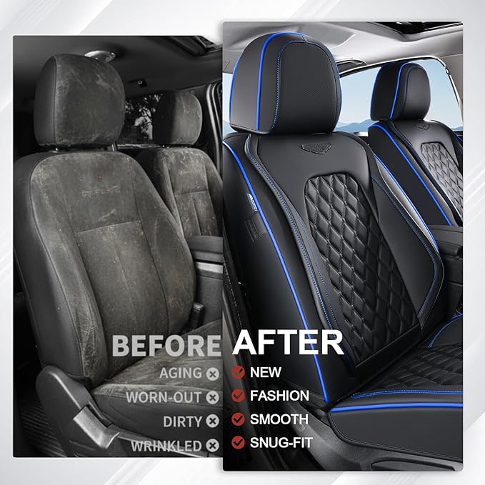 Coverado Front Car Seat Covers, Non-Slip Dust-Proof Nappa Leather, Universal Fit for Cars & Pickup Trucks, Waterproof Car Seat Protectors, Black & Blue Design for Sedans & SUVs