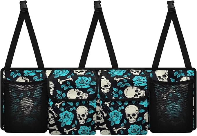 Skull Rose Pattern Car Trunk Organizer and Storage, Backseat Hanging Organizer for SUV, Truck, Collapsible Cargo Storage Bag with 4 Pockets, Car Interior Accessories