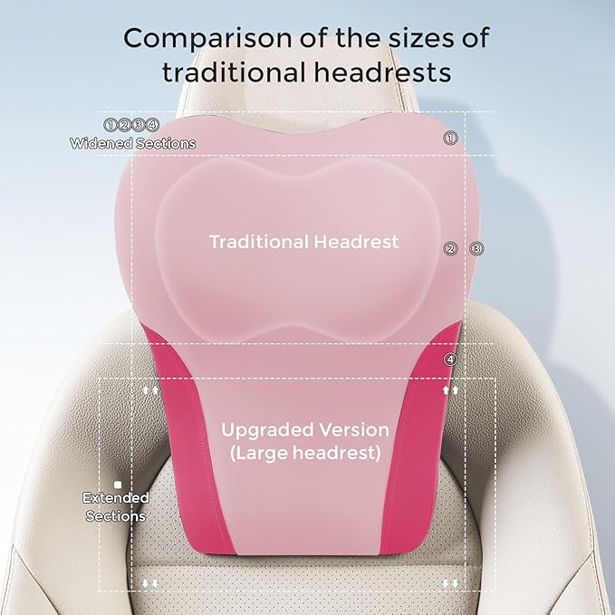 BABUR Car Headrest Pillow | Ergonomic Memory Foam Neck Shoulder Support Pillow with Adjustable Design & Enlarged Surface | Pain Relief for Driving Travel Sleeping | Pink1 Pack