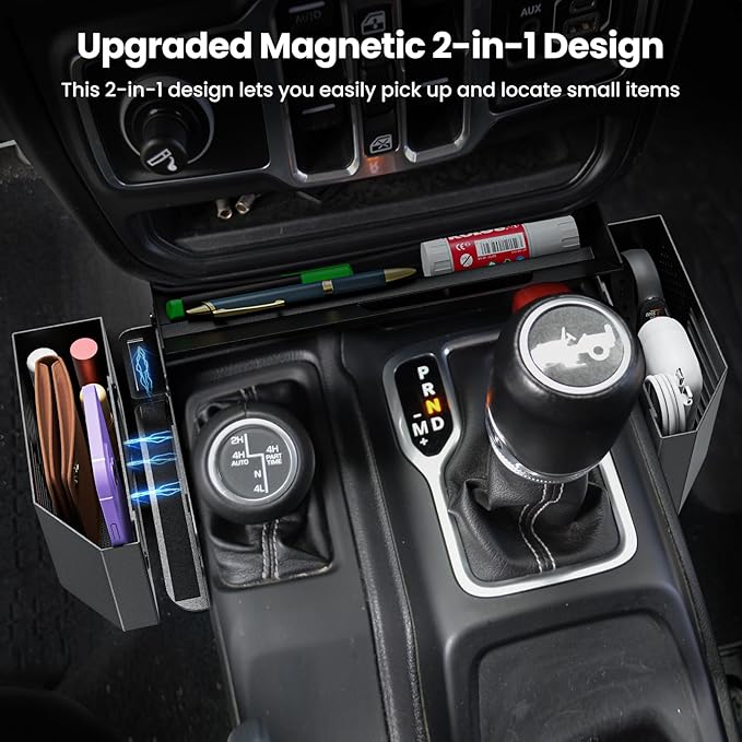 DIAMOOKY Upgraded Metal Magnetic Center Console Organizer for Jeep Wrangler JL/JLU/4XE 2018-2026 & Gladiator JT 2026 2025 2024-2020 Accessories, Gear Shift Side Storage Box,Integrated (Not for JK/JKU)