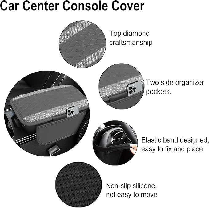 NBTEPEM Bling Gray Car Center Console Cover, Leather Car Arm Rest Cover with 2 Storage Bags, Universal Auto Armrest Protector Storage Box, Bling Accessories Interior for Most Vehicles