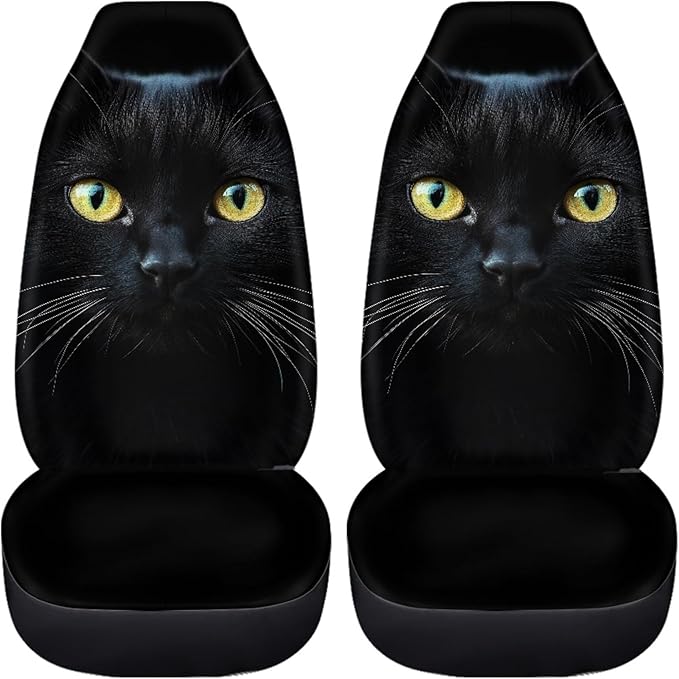 BIGCARJOB Durable Washable Black Cat Car Seat Covers 2pc Front Seat Only Ultra-Soft Universal Auto Drive Seat Protector Cover