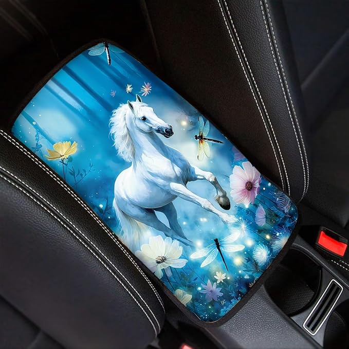 Horse Flowers Universal Armrest Cover Pad, Car Center Console Cushion Pad, Protect from Pet Claws, Sticky Fingers, Auto Decor Accessories Fit for Most Cars, Vehicles, SUVs