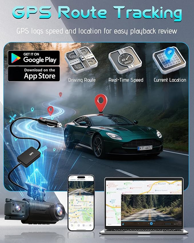 3 Channel Dash Cam Front and Rear, 4K+4K+1080P Car Camera, Free 128GB Card, Built-in GPS, ADAS, 5.8GHz WiFi & APP, Super Night Vision, G-Sensor, Loop Recording, 24H Parking Mode Dash Cam（Black）