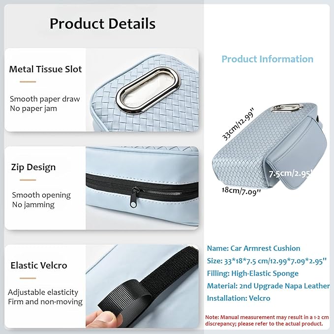 Car Armrest Cushion Cover Car Center Console Memory Foam Booster Pad with Storage Pocket and Tissue Hole for Sedan Vehicle (Coffee, 12.99 * 7.09 * 2.95'' / 33 * 18 * 7.5 cm)