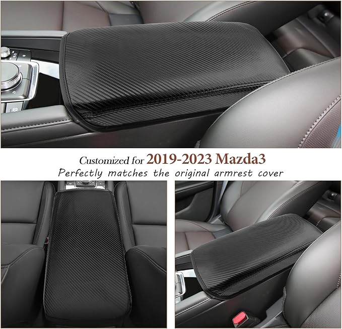 SKTU for 2019-2024 2025 2026 Mazda 3 Mazda3 Center Console Cover 2023 2024 2025 2026 Mazda3 Armrest Pad 2024 2025 2026 Mazda3 Seat Box Cover Automotive Car Center Console Soft Cushion (Carbon Fiber)