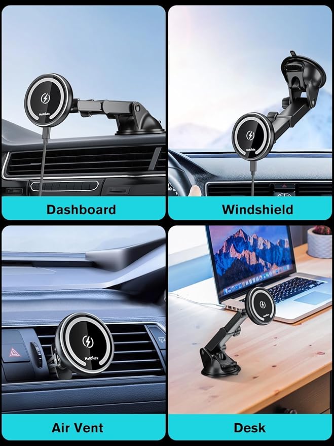MAGJIEYX for Magnetic Magsafe Car Mount Charger, Wireless Car Charger with QC3.0 Adapter(38W Max) Phone Holder Fits iPhone17/16/15/14/13Plus/MagSafe Case,Dash/Vent/Windshield(Black)