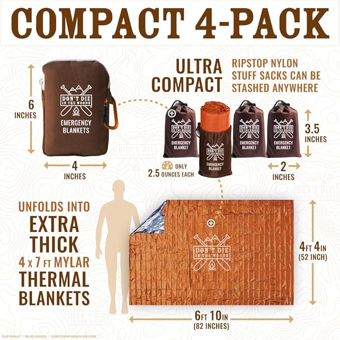 Don't Die In The Woods - World’s Toughest Emergency Blankets [4-Pack] Extra Thick Thermal Mylar Space Blanket - One of The Ten Essentials Outdoor Survival Gear Hiking Camping First Aid Kit (Orange)