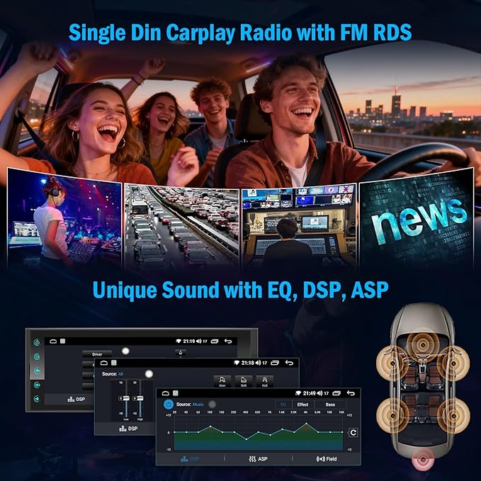 Android Single Din Radio Car Stereo with Wireless Apple CarPlay & Android Auto - 6.9" InCell Touchscreen Car Radio Support Backup Camera, Mirror Link, Bluetooth, GPS, AM&FM, RDS, USB, EQ, SWC
