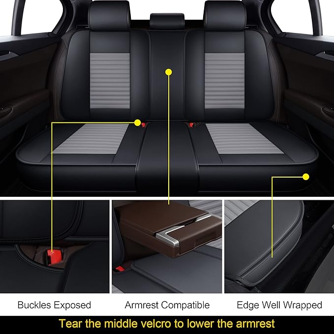LINGVIDO Full Set Car Seat Covers, Faux Nappa Leather, Airbag Compatible and Waterproof Protectors for Sedans SUVs, Breathable Interior for Active Families, Pets, and Commuters (5 Seats, Black/Gray)