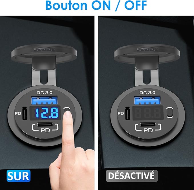 12V USB Outlet Qidoe USB C Car Charger Socket Dual PD 30W and 18W QC3.0 Port USB Car Socket with Voltmeter Button Switch Lengthened Waterproof USB Power Outlet for Car Boat Marine RV Vehicle