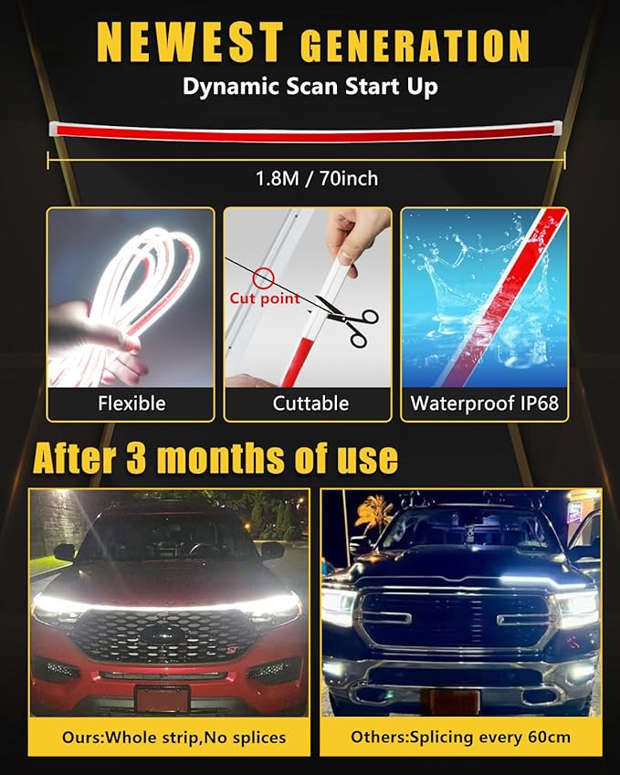Dynamic Scan Start Up Hood Light Strip Sequential Flowing Turn Signal Lights Flexible DRL Daytime Running Light Car Led Light Strip Exterior,Dual Color Amber White Switchback 12V 70inch (1 Set)