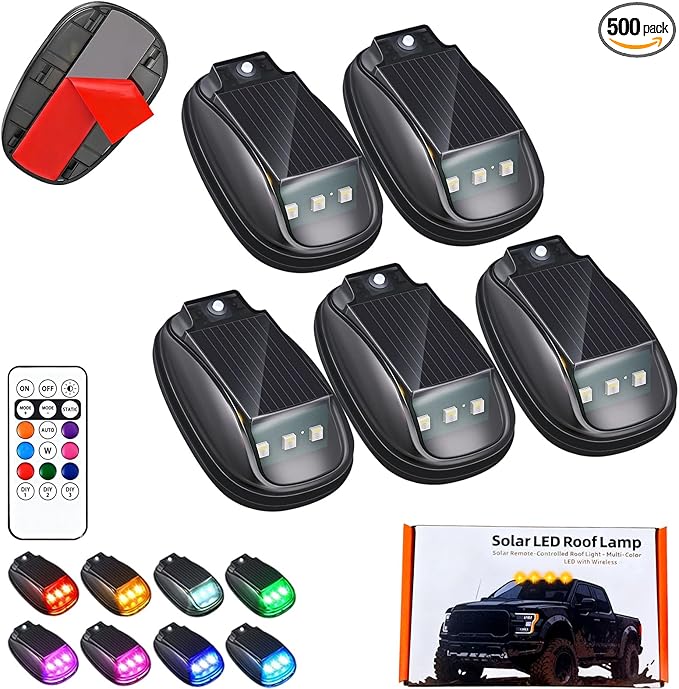 Solar-Powered Car Roof Light – Waterproof, Remote Control & Easy Installation, Solar Car Roof Light Kit, 8 Colors Wireless LED Strobe Lights with Remote Control for Trucks, Motorcycle, Vehicle (5pcs)