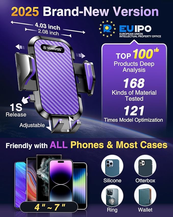 VANMASS Phone Holders for Your Car 2026 Ultimate Phone Mount Military-Grade Windshield Dashboard Vent【Newest Best Strongest】 Cell Phone Car Mount for iPhone 16 Pro Max 15 Samsung Android,Purple