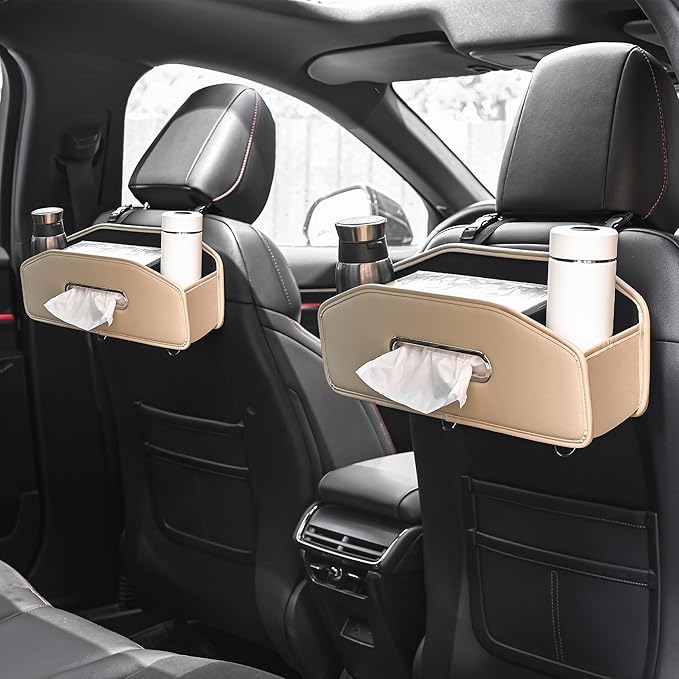 JEYODA Car Seat Back Organizer with 2 Drink Cup Holder,Car Tissue Holder and Storage Box Hook, 3 in 1 Multifunctional Storage for Food Drink Phone, Travel Accessories (Beige)