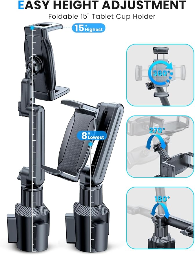 eSamcore Tablet Holder for Car, for iPad Stand Cup Holder Car Mount with 1.57" Depth Large Clamp 15" Height Adjustable Tab Mount Holder for 6"-12.9" Cell Phone iPhone Travel iPad Accessories