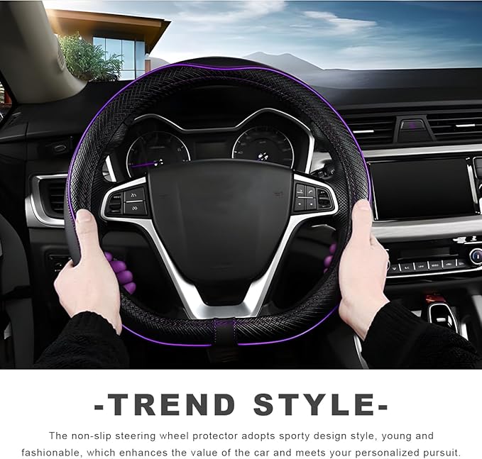 Car Steering Wheel Cover, 15 Inch Anti-Slip Breathable Leather Auto Steering Wheel Protector, Full Surround Soft Steering Wheel Cover for Men Women, Car Interior Accessories (Black & Purple)