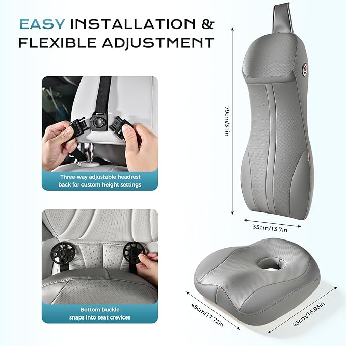 Coverado Memory Foam Car Seat Cushion and Lumbar Support Headrest Pillow, 2-in-1 Integrated Ergonomic Back Support Neck Pillow, Breathable Seat Cushion for Sciatica Back Tailbone Pain Relief, Gray