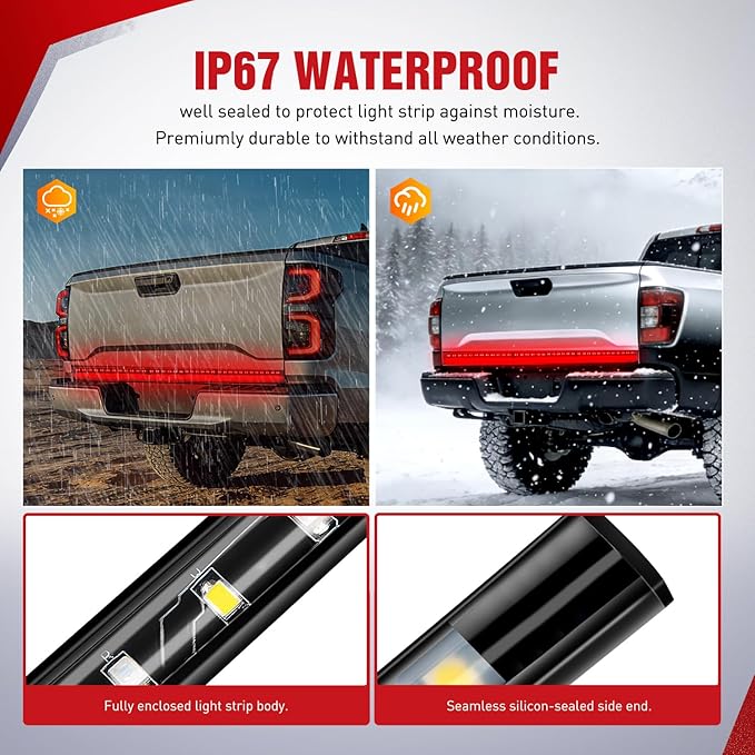 Nilight 60" Truck Tailgate Light Bar 108 LED Single Row Light Strip with Red Running Brake Lights Turn Signal White Reverse Light, 2 Years Warranty