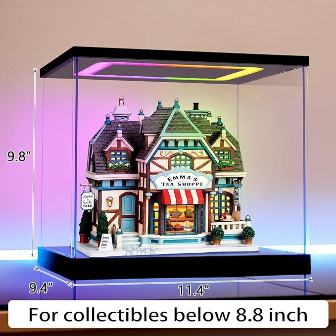 Clear Acrylic Display Case with Light for Miniature House Building Sets, Multiple Color Lights Dustproof Protection Display Box for Collectibles Action Figures（11.4×9.4×9.8inch）