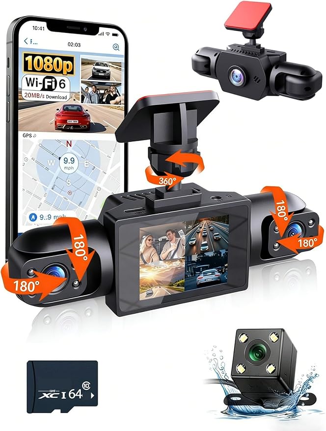 Full View Car Dashcam Wireless System 360 Car DVR WiFi 4 Channel Dash Cam Video Recorder Camera for Cars, Front and Rear Inside with Infrared Lamps Night Vision (64G)