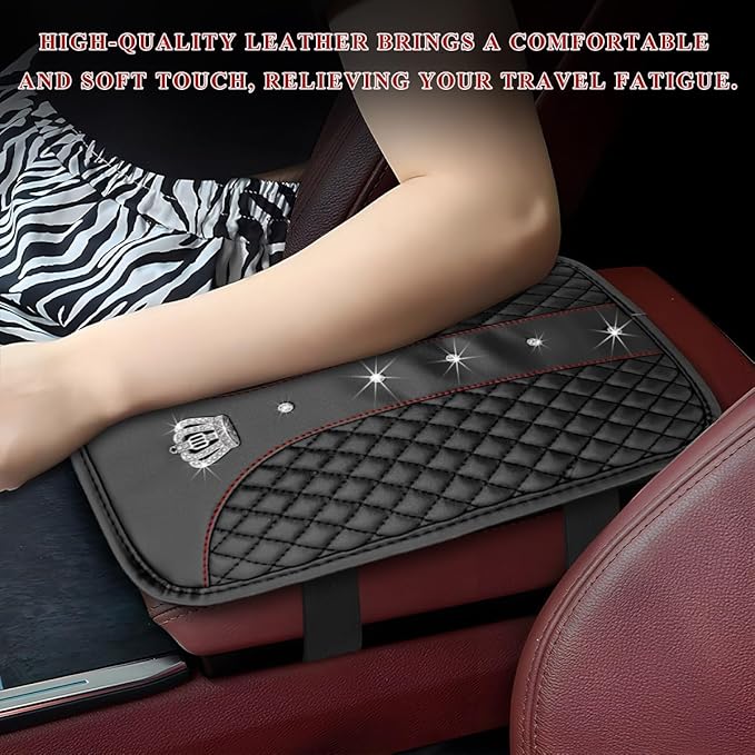 Bling Leather Car Center Console Cover, Anti-Slip Crown Armrest Seat Box Cushion Pad with Rhinestones, Waterproof Crystal Arm Rest Protector Interior Decor for Most Vehicles (Black)