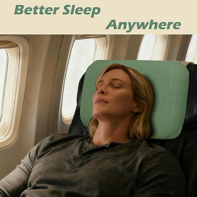 Cooling Camping Pillow, Memory Foam Travel Pillow with Adjustable Buckle Strap & Storage Bag, Compact Small Pillow for Airplane, Car Lumbar, Office, Washable Cooling Cover, Canopy Green