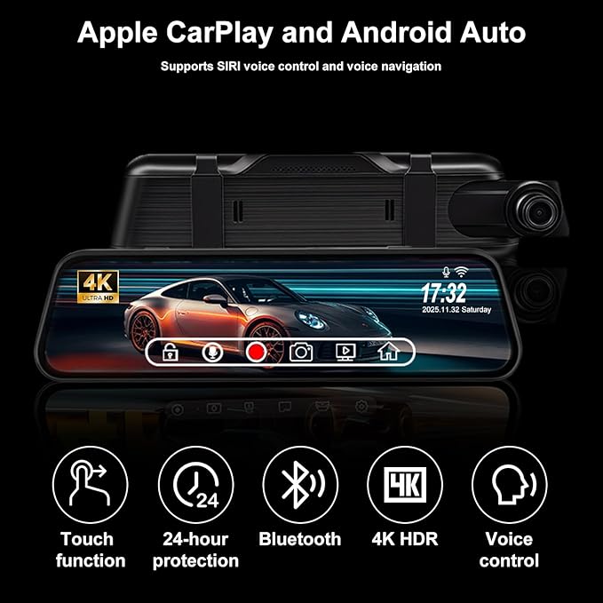 4K Mirror Dash Cam with Carplay&Android Auto,10" Rear View Mirror Camera for Cars/Trucks with Voice Control/Real 64GB Card/Touch Screen/Parking Monitor/Reverse Assist/Dual Loop Record/WDR Tech