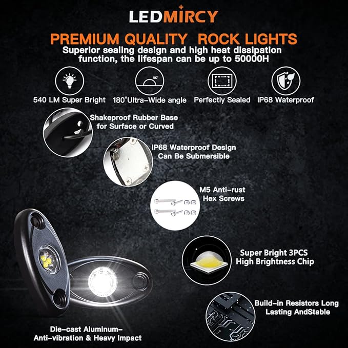 LEDMIRCY Pure White Rock Lights 30PCS 6000K Super Bright Rock Light White for Off Road Trucks ATV UTV SUV Boat Car Underglow TRAI Rig Light Underbody Neon Lights High Power Waterproof Shockproof