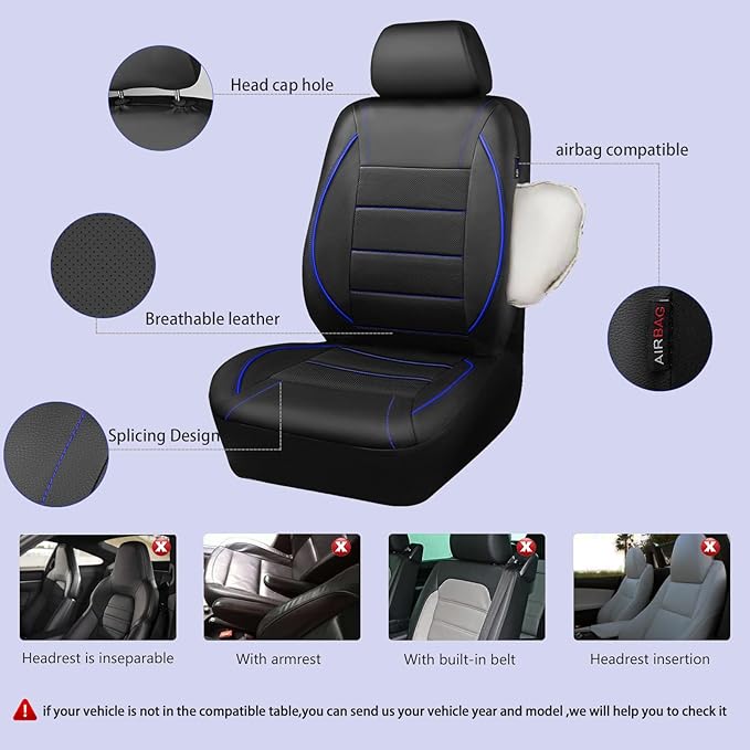 CAR PASS Universal FIT Piping Leather Car Seat Cover, for suvs,Van,Trucks,Airbag Compatible,Inside Zipper Design and Reserved Opening Holes (Full Set, Black and Blue)