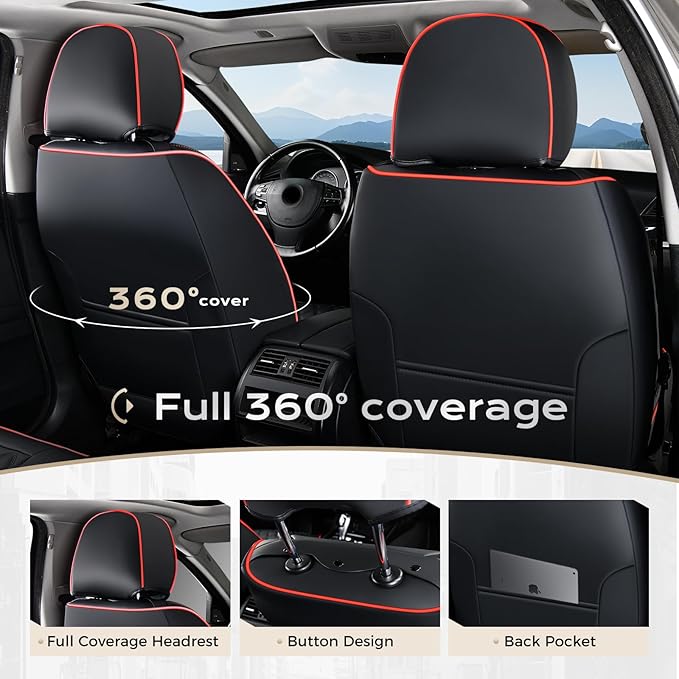 Coverado Front Seat Covers, Wear-Resistant Stain-Proof Cushions, Universal Fit for Most Vehicles, Waterproof Car Seat Protectors, Automotive Seat Covers-Red & Black Line Design