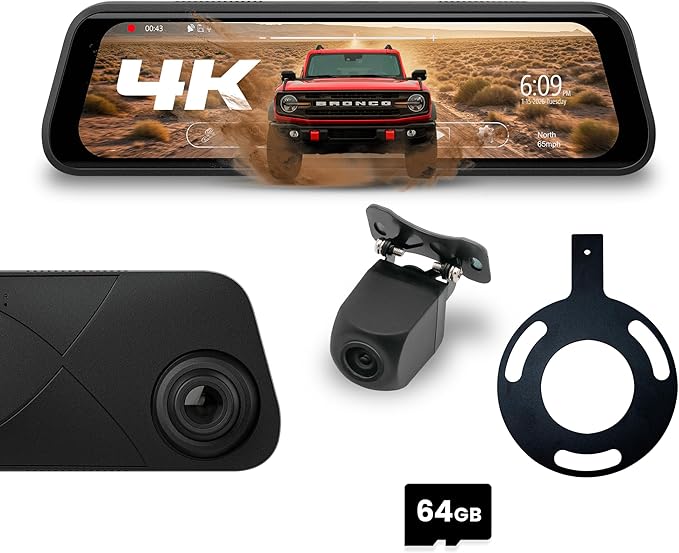 Stinger Ford Bronco (2020+) 9.66” 4K UHD Touchscreen Digital Rear View Mirror Monitor & 4K Front Dashcam, 2K Back Up Camera, Anti-Glare Night Vision, Built-in DVR w/ 64GB SD Card, Impact Detection