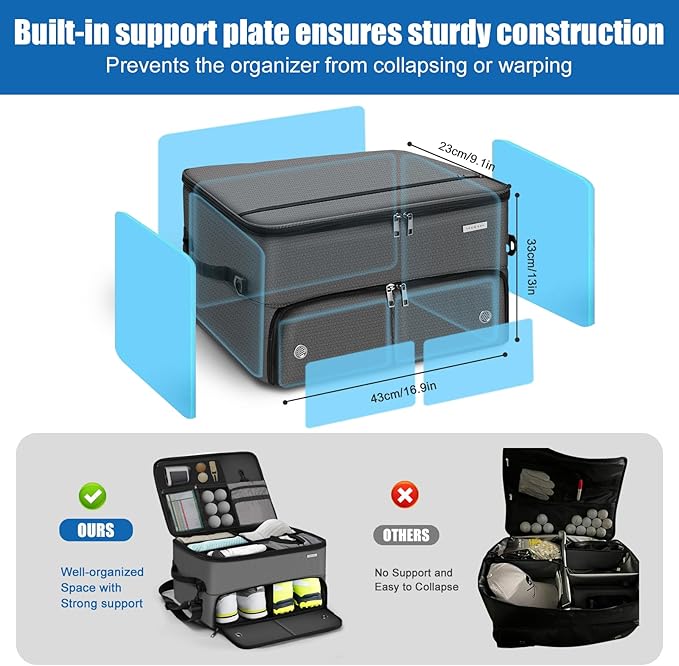 Golf Trunk Organizer for Car SUV with Shoe Compartment & Divider | 2-Layer Golf Storage Bag for Balls, Tees, Accessories | Waterproof Golf Locker Gift for Men, Dad, Golfers