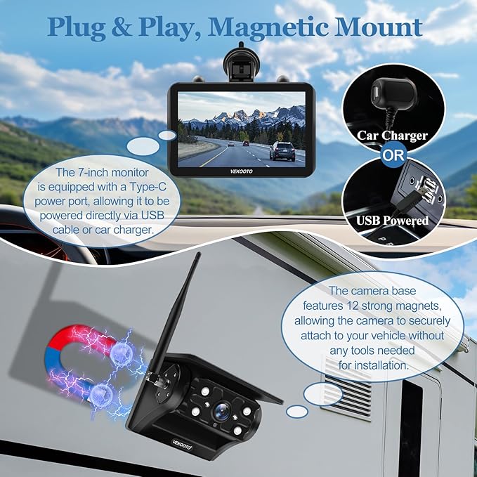 VEKOOTO VK7 2 Magnetic Solar Wireless Backup Camera with 7'' IPS Touchscreen, 15,000mAh Rechargeable, No Wiring, HD1080P Night Vision Wireless Backup Camera for Trucks, RV, Trailer, Camper