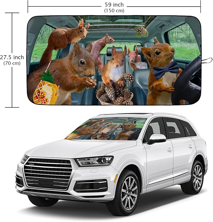 Funny Squirrel Car Windshield Sun Shade Foldable Sunshade Front Window Cover Sun Visor Protector Accessories (59x27.5 inches)