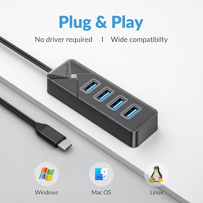 GiGimundo 4-Port USB C Hub for Laptop, USB C to USB Hub Multiport Adapter 5Gbps Transfer, USB C Splitter for Laptop, MacBook Pro/Air, iPad Pro, Dell, Chromebook, Keyboard, Mouse, HDD, Black