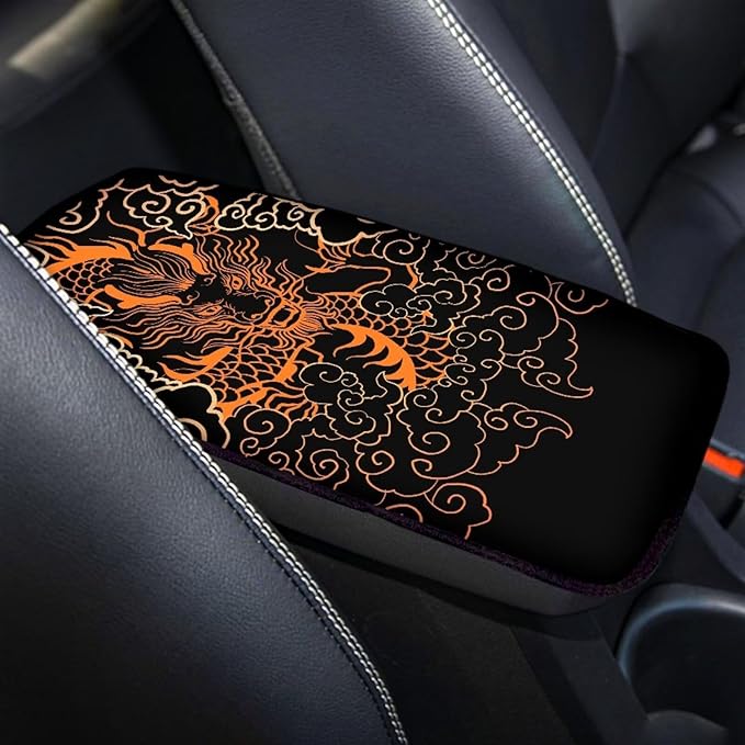 Suobstales Japanese Dragon Print Car Armrest Pad Soft Center Console Arm Rest Protector Cover Universal Car Interior Accessories Decoration