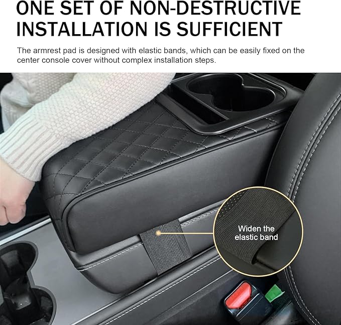Car Center Console Armrest Pillow, 14"×8.3" Leather Memory Foam Armrest Cushion with Cup Holder & Phone Holder, Waterproof & Anti-Scratch Arm Rest Protector, Universal for Most Cars (Black)