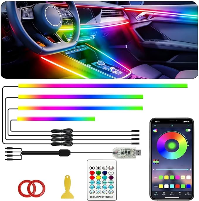 Interior Car LED Strip Lights,116in USB Dreamcolor 4 in 1 Acrylic Neon Flexible Strip Fiber Optic LED Ambient Lighting Kits with Remote APP, RGB Music Lights Sync for Inside car Decorations