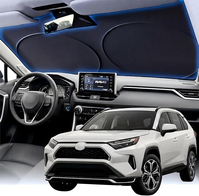 PEMOTech 2026 Upgraded Windshield Sun Shade Cover for Privacy | Overlapping Leather Protection Car Window Shades | Sunburn Blocker & Rear View Mirror Compatible | 64''x32'' for Toyota/Chevy/Honda