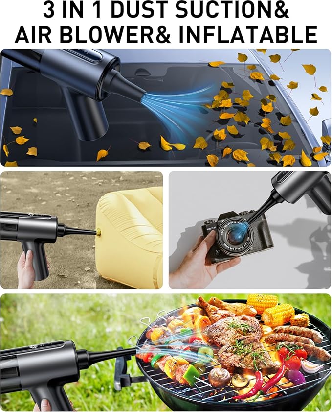 CAFELE Car Vacuum Cleaner Cordless Portable, 14000PA High Power Brushless Motor 3 in 1 Mini Duster & Air Blower & Inflatable, with 7 Nozzles, LED Green Light, for Home Office Car Detailing Vacuum