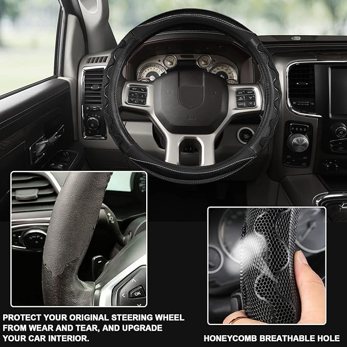 GIANT PANDA Steering Wheel Cover for Dodge Ram 1500 - Car Steering Wheel Covers for Dodge Ram 2500 3500 15.5-16 inch - Black