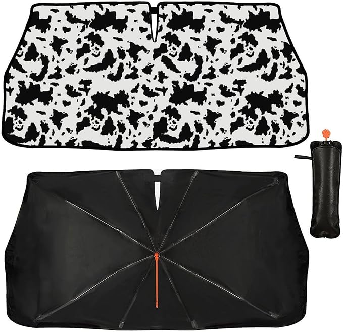 CHILL·TEK Funny Car Windshield Sun Shade Umbrella, Cows Print Car Sun Shade Umbrella, Block UV Rays Heat Foldable Windshield Umbrella Sun Visor Protector - Keep Vehicle Cool for Cars SUV